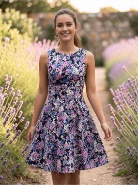 Liz Claiborne Navy Floral Fit-and-Flare Dress with Pink & Blue Flowers